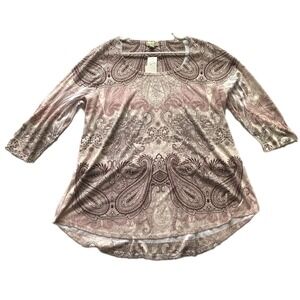 One World Tunic Top Women XXXL Blush Pink Paisley 3/4 Sleeve Scoop Neck NWT